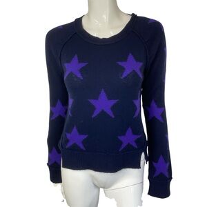 Aqua Navy Blue With Purple Stars 100% Cashmere Sweater Size S